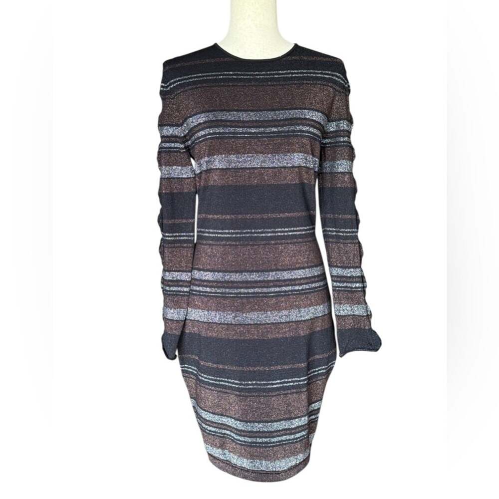 Ted Baker Black Metallic Stripe Long Sleeve Bodycon Knit Dress Size 4